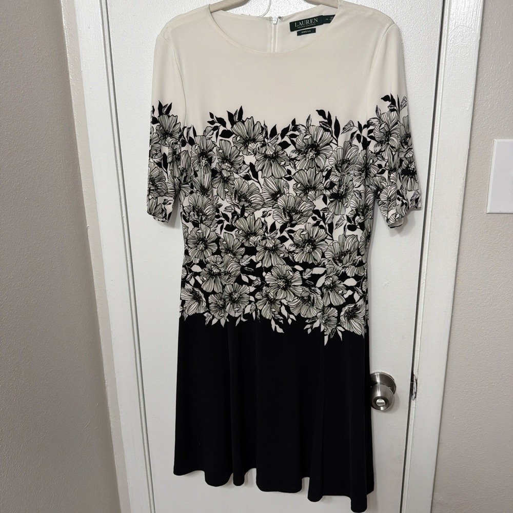 Lauren Ralph Lauren Womens 'Spring' Lined Cream Black Floral Dress 14 $295